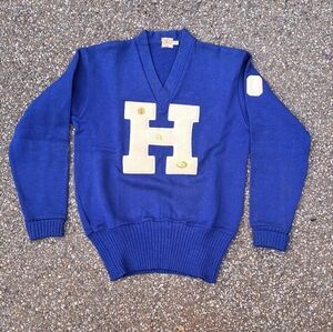 Vintage Lettermans Sweater - Blue Knit Varsity Sweater with Patches & Pins
